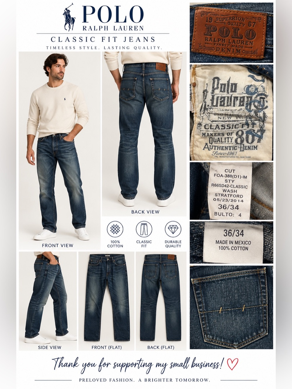 Polo Ralph Lauren Men’s 36x34 Classic Fit Stratford Wash Distressed Jeans Blue